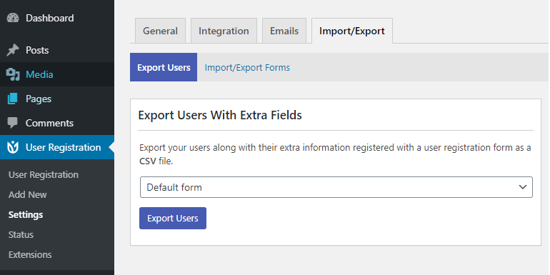 Import and Export Tab User Registration