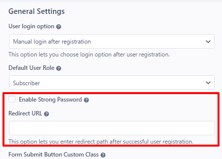 Strong Password and Redirect Option