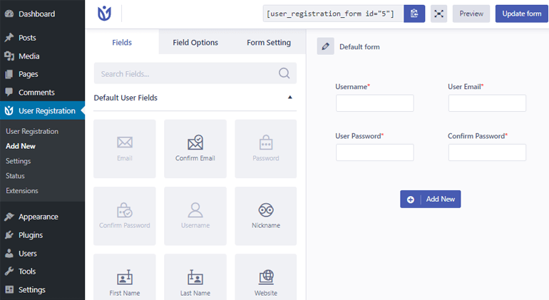 User Registration Form Editor