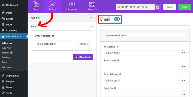 Email Setting Option