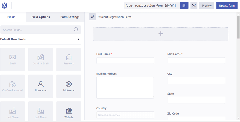 User Registration Form Builder Interface Old